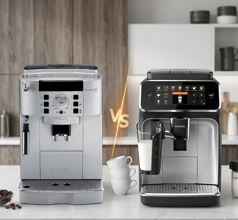 so sánh giá máy pha cà phê tự động delonghi và philips