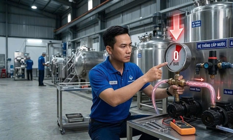 áp lực nước cấp vào máy pha quá yếu