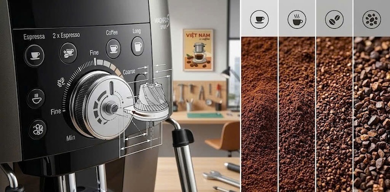 hướng dẫn chỉnh cỡ xay của máy tự động