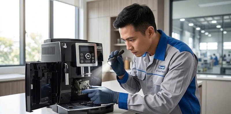 máy pha cafe DeLonghi bị kẹt cối ép không bật được máy