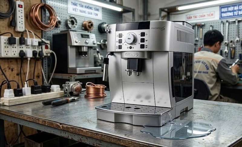 máy pha cafe gia đình bị rò nước dưới gầm máy